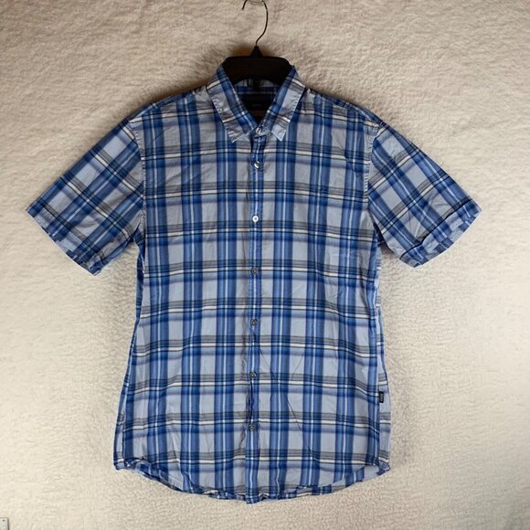 Hugo Boss Men's Slim Fit Blue Plaid Short‎ Sleeve Casual Button Up Shirt Size M - Picture 1 of 8